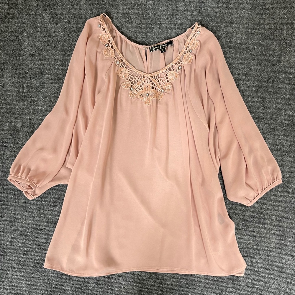 Love Stitch Blush Pink Crochet Lace Rhinestone Chiffon Blouse IMP-C231C Large